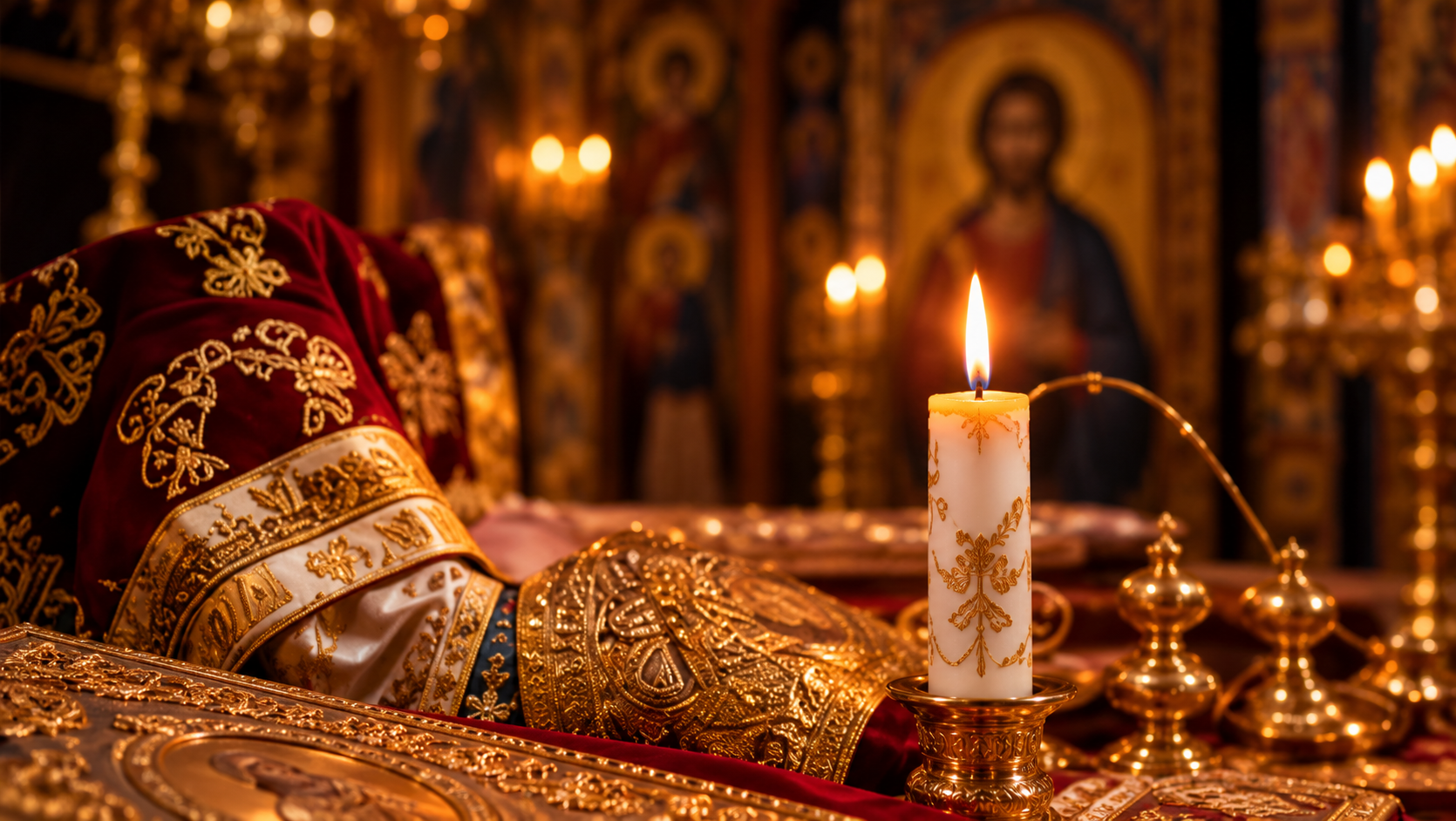Veșminte liturgice și lumânare aprinsă
